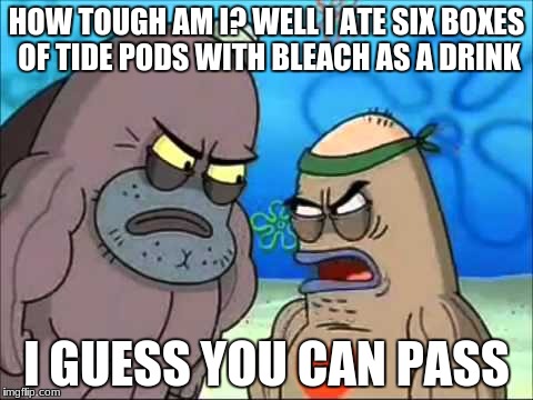 Salty spitoon | HOW TOUGH AM I? WELL I ATE SIX BOXES OF TIDE PODS WITH BLEACH AS A DRINK; I GUESS YOU CAN PASS | image tagged in how tough are you,tide pods,drink bleach | made w/ Imgflip meme maker