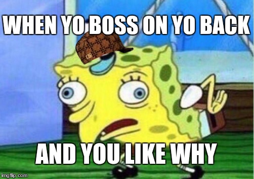 Mocking Spongebob Meme | WHEN YO BOSS ON YO BACK; AND YOU LIKE WHY | image tagged in memes,mocking spongebob,scumbag | made w/ Imgflip meme maker
