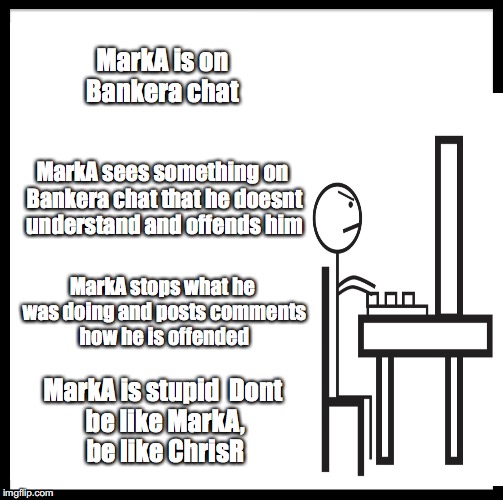 markA | MarkA is on Bankera chat; MarkA sees something on Bankera chat that he doesnt understand and offends him; MarkA stops what he was doing and posts comments how he is offended; MarkA is stupid

Dont be like MarkA, be like ChrisR | image tagged in memes | made w/ Imgflip meme maker