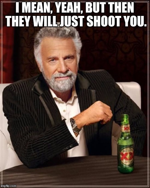 The Most Interesting Man In The World Meme | I MEAN, YEAH, BUT THEN THEY WILL JUST SHOOT YOU. | image tagged in memes,the most interesting man in the world | made w/ Imgflip meme maker