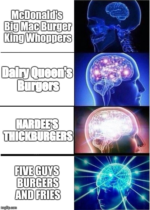Expanding Brain Meme | McDonald's Big Mac
Burger King Whoppers; Dairy Queen's Burgers; HARDEE'S THICKBURGERS; FIVE GUYS BURGERS AND FRIES | image tagged in memes,expanding brain | made w/ Imgflip meme maker