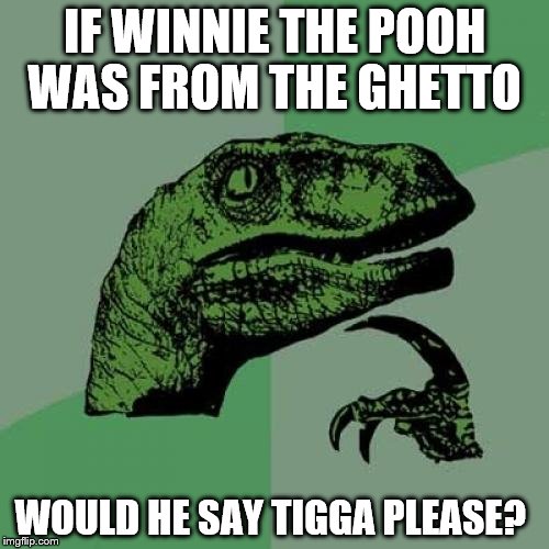 Philosoraptor | IF WINNIE THE POOH WAS FROM THE GHETTO; WOULD HE SAY TIGGA PLEASE? | image tagged in memes,philosoraptor | made w/ Imgflip meme maker