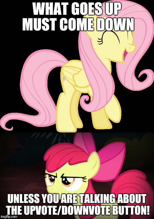 Screw the laws of physics | WHAT GOES UP MUST COME DOWN; UNLESS YOU ARE TALKING ABOUT THE UPVOTE/DOWNVOTE BUTTON! | image tagged in memes,happy fluttershy,angry applebloom,physics | made w/ Imgflip meme maker