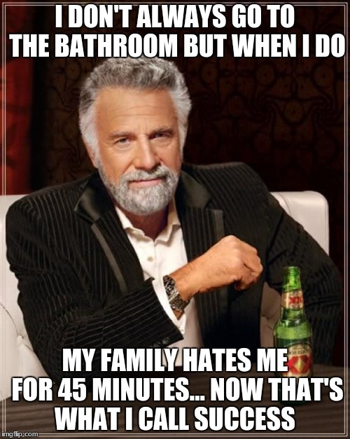 The Most Interesting Man In The World | I DON'T ALWAYS GO TO THE BATHROOM BUT WHEN I DO; MY FAMILY HATES ME FOR 45 MINUTES... NOW THAT'S WHAT I CALL SUCCESS | image tagged in memes,the most interesting man in the world,funny | made w/ Imgflip meme maker