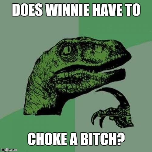 Philosoraptor Meme | DOES WINNIE HAVE TO CHOKE A B**CH? | image tagged in memes,philosoraptor | made w/ Imgflip meme maker