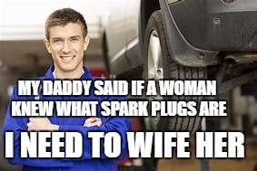 MY DADDY SAID IF A WOMAN KNEW WHAT SPARK PLUGS ARE I NEED TO WIFE HER | made w/ Imgflip meme maker
