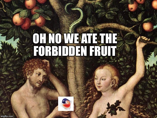adam and eve | OH NO WE ATE THE FORBIDDEN FRUIT | image tagged in adam and eve | made w/ Imgflip meme maker