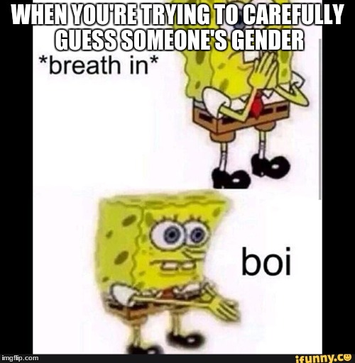 Gender Boi |  WHEN YOU'RE TRYING TO CAREFULLY GUESS SOMEONE'S GENDER | image tagged in spongebob boi | made w/ Imgflip meme maker