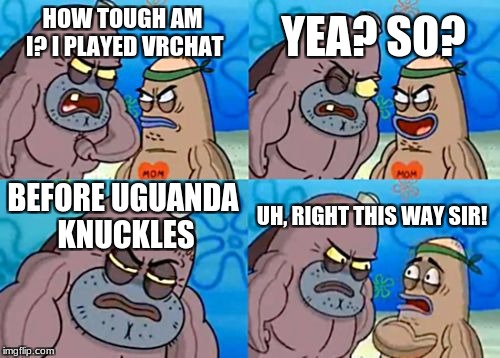 How Tough Are You | YEA? SO? HOW TOUGH AM I? I PLAYED VRCHAT; BEFORE UGUANDA KNUCKLES; UH, RIGHT THIS WAY SIR! | image tagged in memes,how tough are you | made w/ Imgflip meme maker