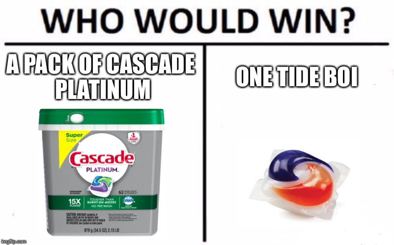 Why is this even a trend? | A PACK OF CASCADE PLATINUM; ONE TIDE BOI | image tagged in memes,who would win,tide pods,lol,funny | made w/ Imgflip meme maker