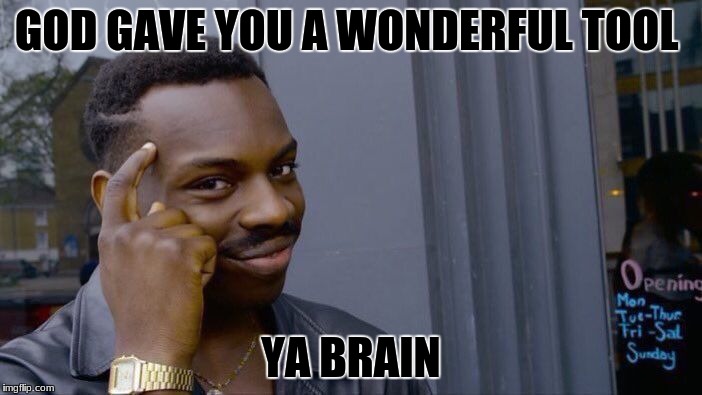 Roll Safe Think About It Meme | GOD GAVE YOU A WONDERFUL TOOL; YA BRAIN | image tagged in memes,roll safe think about it | made w/ Imgflip meme maker