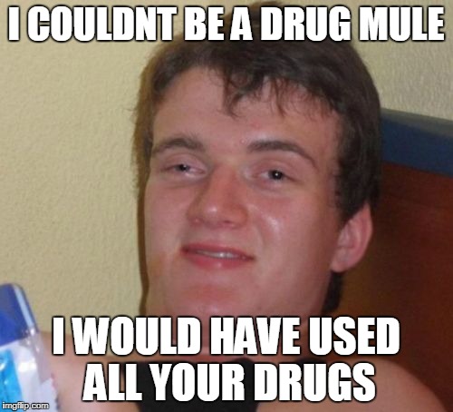 10 Guy | I COULDNT BE A DRUG MULE; I WOULD HAVE USED ALL YOUR DRUGS | image tagged in memes,10 guy | made w/ Imgflip meme maker