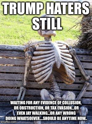 Waiting Skeleton | TRUMP HATERS STILL; WAITING FOR ANY EVIDENCE OF COLLUSION, OR OBSTRUCTION, OR TAX EVASION...OR EVEN JAY WALKING...OR ANY WRONG DOING WHATSOEVER....SHOULD BE ANYTIME NOW.. | image tagged in memes,waiting skeleton | made w/ Imgflip meme maker