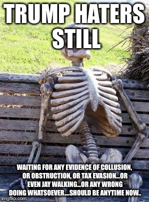 Waiting Skeleton Meme | TRUMP HATERS STILL; WAITING FOR ANY EVIDENCE OF COLLUSION, OR OBSTRUCTION, OR TAX EVASION...OR EVEN JAY WALKING...OR ANY WRONG DOING WHATSOEVER....SHOULD BE ANYTIME NOW.. | image tagged in memes,waiting skeleton | made w/ Imgflip meme maker