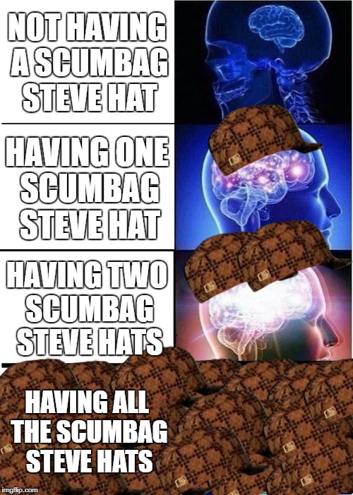 Expanding Brain Meme | NOT HAVING A SCUMBAG STEVE HAT; HAVING ONE SCUMBAG STEVE HAT; HAVING TWO SCUMBAG STEVE HATS; HAVING ALL THE SCUMBAG STEVE HATS | image tagged in memes,expanding brain,scumbag | made w/ Imgflip meme maker