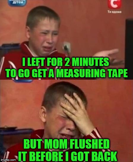 ukrainian kid crying | I LEFT FOR 2 MINUTES TO GO GET A MEASURING TAPE; BUT MOM FLUSHED IT BEFORE I GOT BACK | image tagged in ukrainian kid crying | made w/ Imgflip meme maker
