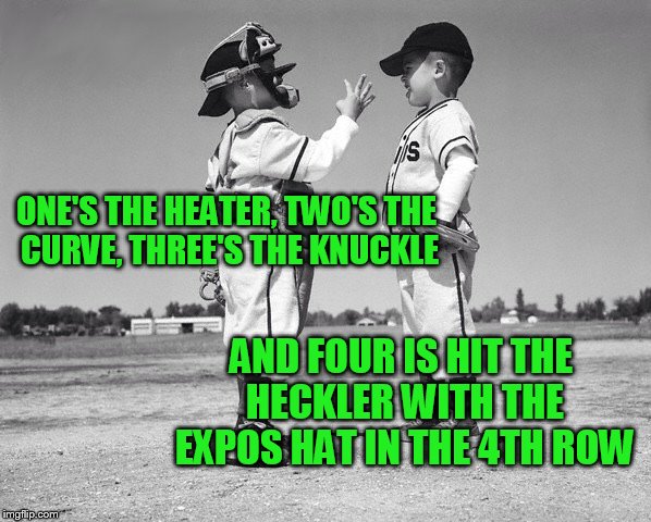 kids baseball | ONE'S THE HEATER, TWO'S THE CURVE, THREE'S THE KNUCKLE; AND FOUR IS HIT THE HECKLER WITH THE EXPOS HAT IN THE 4TH ROW | image tagged in kids baseball | made w/ Imgflip meme maker