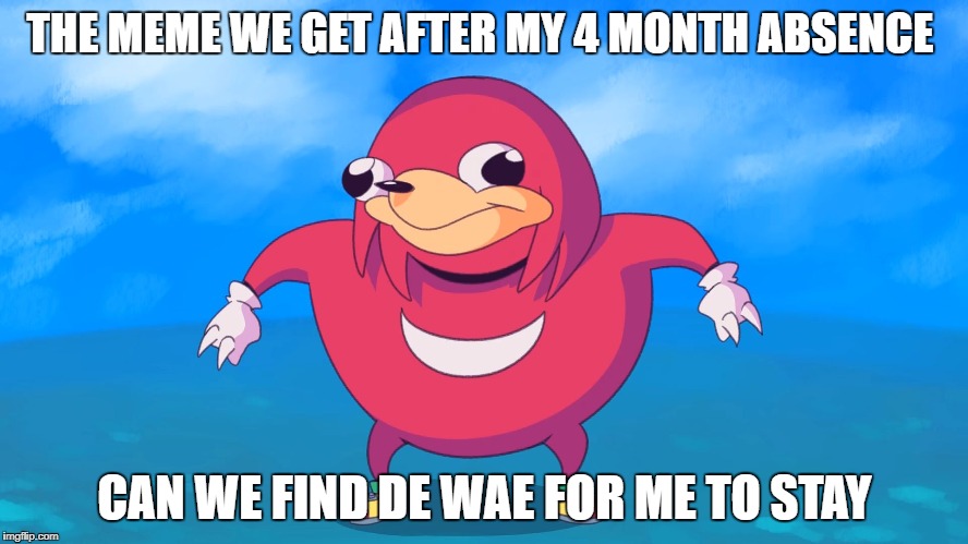 Uganda Knuckles | THE MEME WE GET AFTER MY 4 MONTH ABSENCE; CAN WE FIND DE WAE FOR ME TO STAY | image tagged in uganda knuckles,knuckles,memes | made w/ Imgflip meme maker