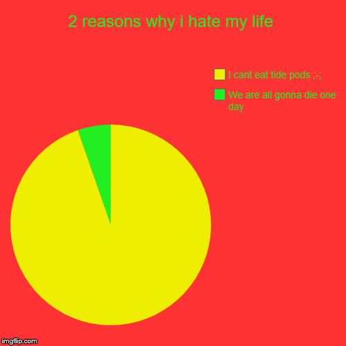 2 reasons why i hate my life | We are all gonna die one day, I cant eat tide pods ;-; | image tagged in funny,pie charts | made w/ Imgflip chart maker