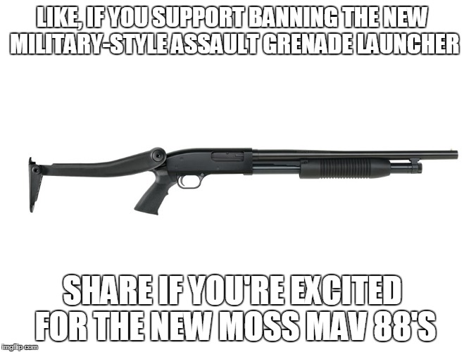 Those new scary assault cannons | LIKE, IF YOU SUPPORT BANNING THE NEW MILITARY-STYLE ASSAULT GRENADE LAUNCHER; SHARE IF YOU'RE EXCITED FOR THE NEW MOSS MAV 88'S | image tagged in moss | made w/ Imgflip meme maker