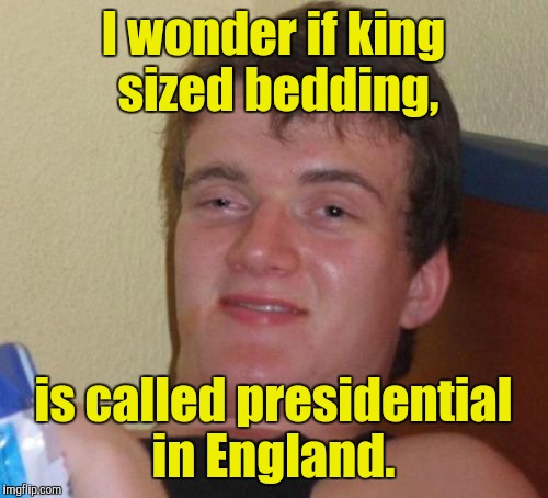 10 Guy Meme | I wonder if king sized bedding, is called presidential in England. | image tagged in memes,10 guy | made w/ Imgflip meme maker