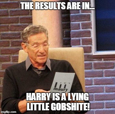 Maury Lie Detector Meme | THE RESULTS ARE IN... HARRY IS A LYING LITTLE GOBSHITE! | image tagged in memes,maury lie detector | made w/ Imgflip meme maker