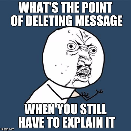Y U No Meme | WHAT'S THE POINT OF DELETING MESSAGE; WHEN YOU STILL HAVE TO EXPLAIN IT | image tagged in memes,y u no | made w/ Imgflip meme maker