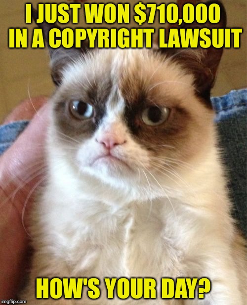 Grumpy Cat Meme | I JUST WON $710,000 IN A COPYRIGHT LAWSUIT; HOW'S YOUR DAY? | image tagged in memes,grumpy cat | made w/ Imgflip meme maker