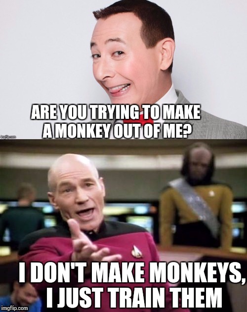 Picard wtf | ARE YOU TRYING TO MAKE A MONKEY OUT OF ME? I DON'T MAKE MONKEYS, I JUST TRAIN THEM | image tagged in picard wtf,memes | made w/ Imgflip meme maker