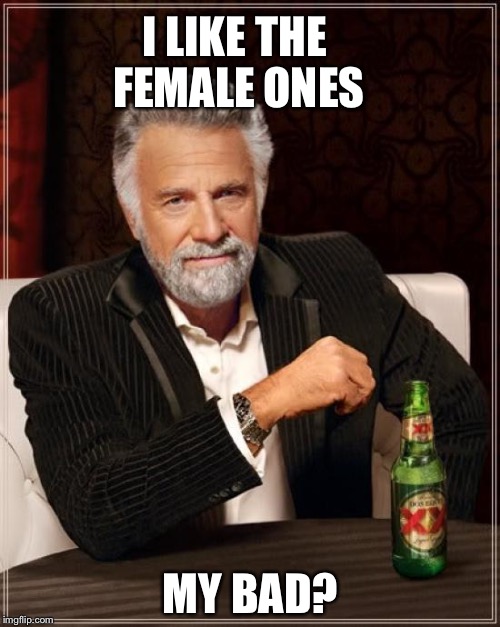 The Most Interesting Man In The World Meme | I LIKE THE FEMALE ONES MY BAD? | image tagged in memes,the most interesting man in the world | made w/ Imgflip meme maker