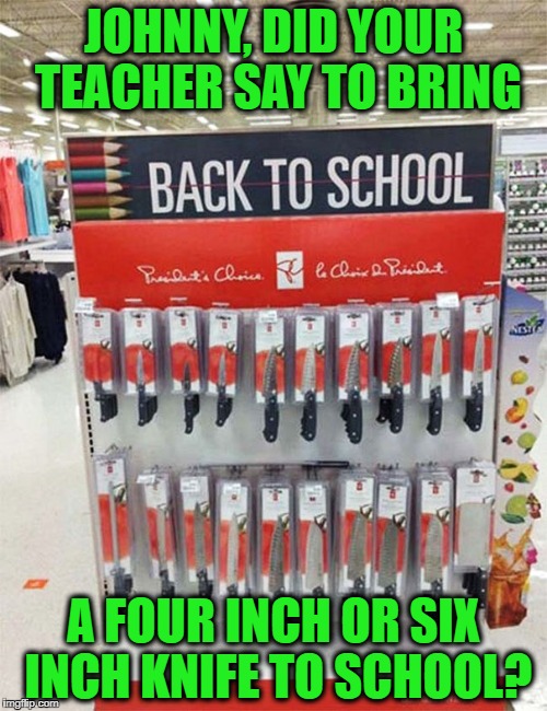 Maybe if you're studying culinary arts?  | JOHNNY, DID YOUR TEACHER SAY TO BRING; A FOUR INCH OR SIX INCH KNIFE TO SCHOOL? | image tagged in knifes for schools,knives,school,weapons | made w/ Imgflip meme maker
