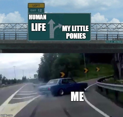 Left Exit 12 Off Ramp Meme | HUMAN; MY LITTLE PONIES; LIFE; ME | image tagged in exit 12 highway meme | made w/ Imgflip meme maker