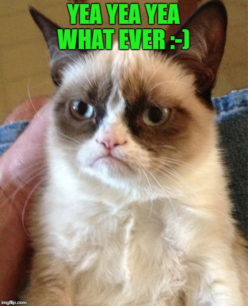 Grumpy Cat Meme | YEA YEA YEA WHAT EVER :-) | image tagged in memes,grumpy cat | made w/ Imgflip meme maker