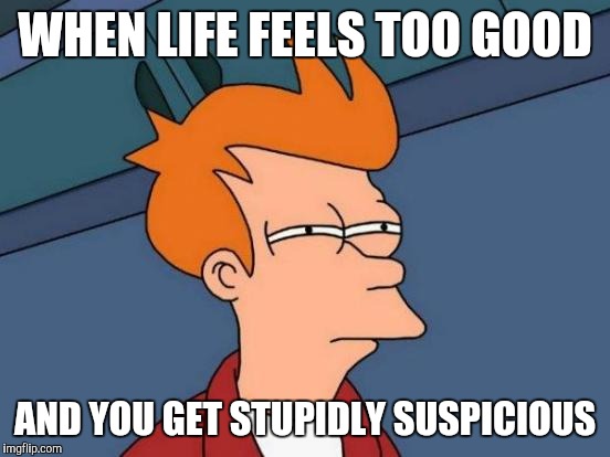 Futurama Fry Meme | WHEN LIFE FEELS TOO GOOD; AND YOU GET STUPIDLY SUSPICIOUS | image tagged in memes,futurama fry | made w/ Imgflip meme maker