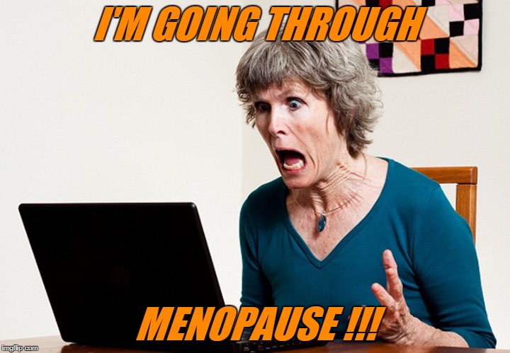 hot flash lady | I'M GOING THROUGH; MENOPAUSE !!! | image tagged in mom frustrated at laptop,menopause | made w/ Imgflip meme maker
