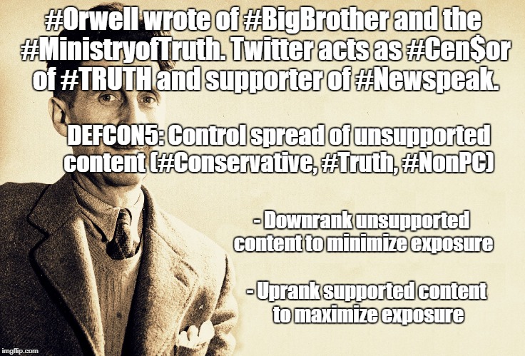 George Orwell | #Orwell wrote of #BigBrother and the #MinistryofTruth. Twitter acts as #Cen$or of #TRUTH and supporter of #Newspeak. DEFCON5: Control spread of unsupported content (#Conservative, #Truth, #NonPC); -	Downrank unsupported content to minimize exposure; - Uprank supported content to maximize exposure | image tagged in george orwell | made w/ Imgflip meme maker