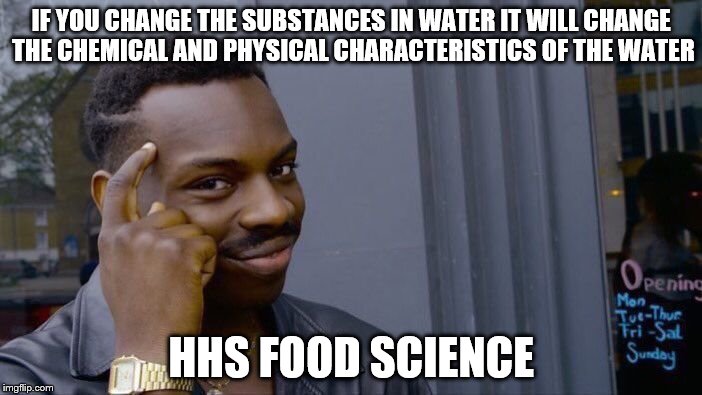 Roll Safe Think About It Meme | IF YOU CHANGE THE SUBSTANCES IN WATER IT WILL CHANGE THE CHEMICAL AND PHYSICAL CHARACTERISTICS OF THE WATER; HHS FOOD SCIENCE | image tagged in memes,roll safe think about it | made w/ Imgflip meme maker