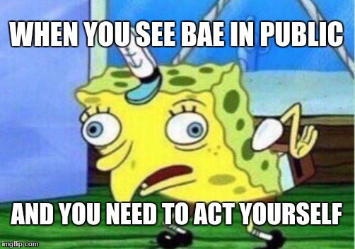 Mocking Spongebob Meme | WHEN YOU SEE BAE IN PUBLIC; AND YOU NEED TO ACT YOURSELF | image tagged in memes,mocking spongebob | made w/ Imgflip meme maker