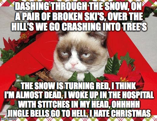 good thing Christmas is over!!! |  DASHING THROUGH THE SNOW, ON A PAIR OF BROKEN SKI'S, OVER THE HILL'S WE GO CRASHING INTO TREE'S; THE SNOW IS TURNING RED, I THINK I'M ALMOST DEAD, I WOKE UP IN THE HOSPITAL WITH STITCHES IN MY HEAD, OHHHHH JINGLE BELLS GO TO HELL, I HATE CHRISTMAS | image tagged in memes,grumpy cat mistletoe,grumpy cat | made w/ Imgflip meme maker