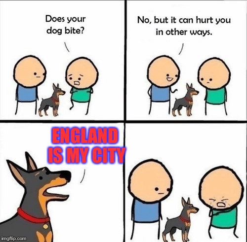 England is my city | ENGLAND IS MY CITY | image tagged in does your dog bite | made w/ Imgflip meme maker