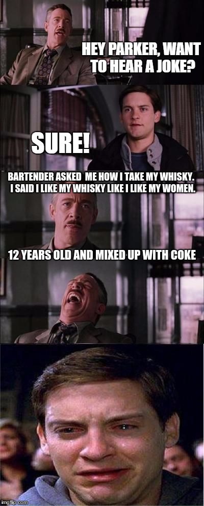 J. Jonah Jameson, scumbag (NSFW) | BARTENDER ASKED  ME HOW I TAKE MY WHISKY.  I SAID I LIKE MY WHISKY LIKE I LIKE MY WOMEN. 12 YEARS OLD AND MIXED UP WITH COKE | image tagged in bad joke spiderman,funny,memes | made w/ Imgflip meme maker