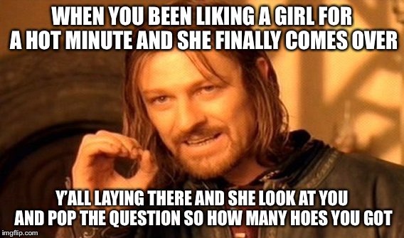 One Does Not Simply Meme | WHEN YOU BEEN LIKING A GIRL FOR A HOT MINUTE AND SHE FINALLY COMES OVER; Y’ALL LAYING THERE AND SHE LOOK AT YOU AND POP THE QUESTION SO HOW MANY HOES YOU GOT | image tagged in memes,one does not simply | made w/ Imgflip meme maker