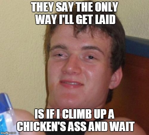 10 Guy | THEY SAY THE ONLY WAY I'LL GET LAID; IS IF I CLIMB UP A CHICKEN'S ASS AND WAIT | image tagged in memes,10 guy | made w/ Imgflip meme maker