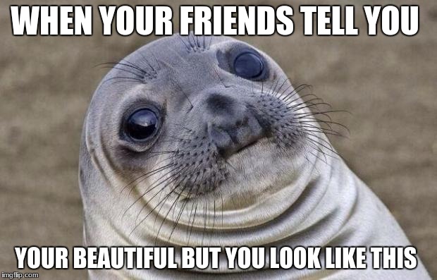 Awkward Moment Sealion | WHEN YOUR FRIENDS TELL YOU; YOUR BEAUTIFUL BUT YOU LOOK LIKE THIS | image tagged in memes,awkward moment sealion | made w/ Imgflip meme maker