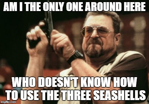 Am I The Only One Around Here | AM I THE ONLY ONE AROUND HERE; WHO DOESN'T KNOW HOW TO USE THE THREE SEASHELLS | image tagged in memes,am i the only one around here | made w/ Imgflip meme maker