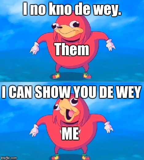 I have givin you de wey | Them; I no kno de wey. I CAN SHOW YOU DE WEY; ME | image tagged in i have givin you de wey | made w/ Imgflip meme maker