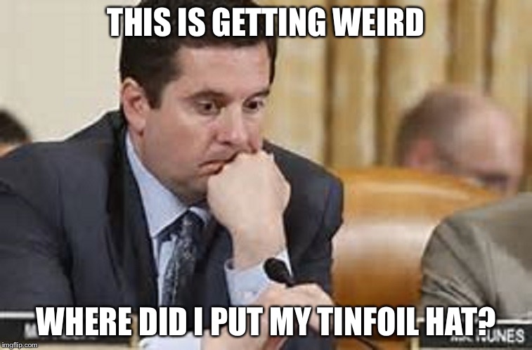 devin nunes  | THIS IS GETTING WEIRD; WHERE DID I PUT MY TINFOIL HAT? | image tagged in devin nunes | made w/ Imgflip meme maker