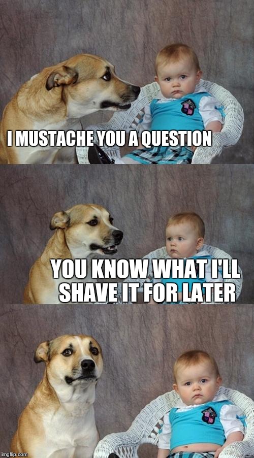 Dad Joke Dog | I MUSTACHE YOU A QUESTION; YOU KNOW WHAT I'LL SHAVE IT FOR LATER | image tagged in memes,dad joke dog | made w/ Imgflip meme maker