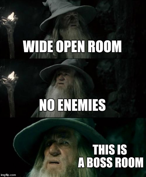 Confused Gandalf Meme | WIDE OPEN ROOM; NO ENEMIES; THIS IS A BOSS ROOM | image tagged in memes,confused gandalf | made w/ Imgflip meme maker