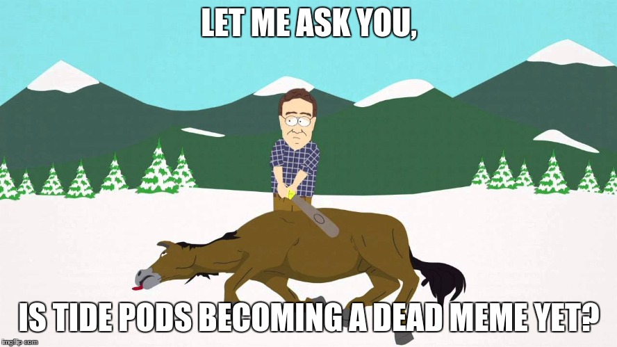 Are we beating a dead horse? | LET ME ASK YOU, IS TIDE PODS BECOMING A DEAD MEME YET? | image tagged in deadhorse | made w/ Imgflip meme maker